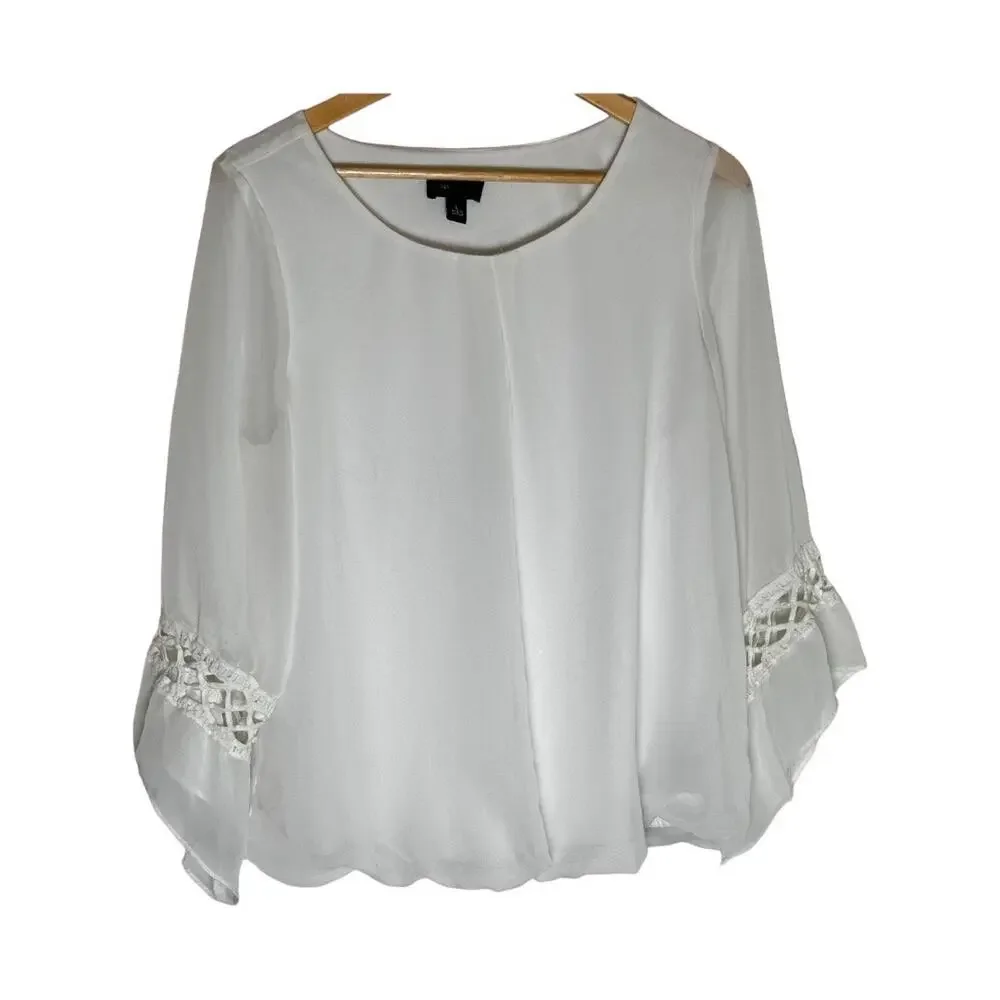 Women's AB Studio White Boho Chic Bubble hem Bell Sleeve Top L - Picture 2 of 13